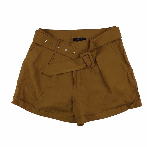 Forever 21 High Rise Waist Belted Pleated Shorts Golden Brown Size Medium M - Picture 1 of 4